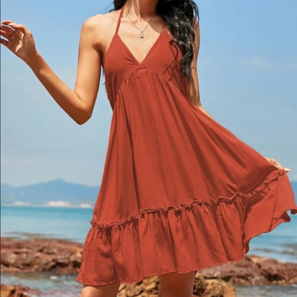 Boho halter tie back ruffle hem dress - Picture 1 of 6